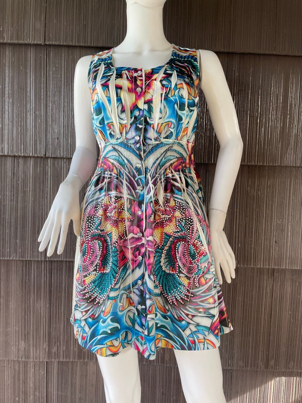 🔥S-12 Y2K Rhinestones Vibrant Artsy Indie Sleaze Rave Festival Mini Dress Size L